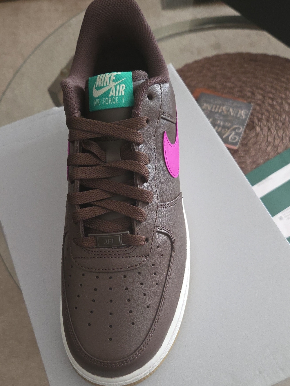 Nike Air Force 1 Men’s Brown Leather Sneaker with Pink Swoosh